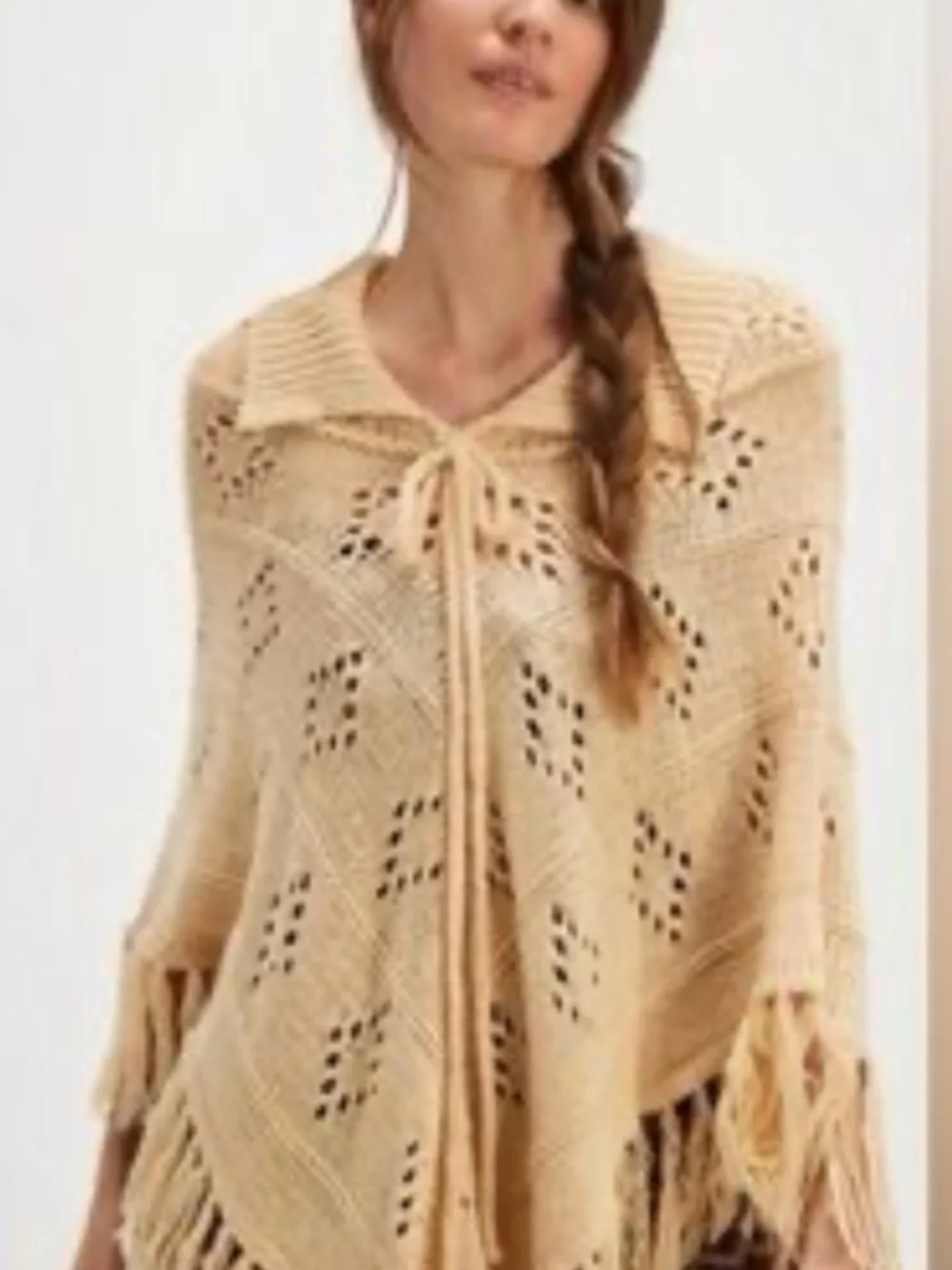 Free People Understated Eyelet Fringe Knit Poncho Sweater Women's OS